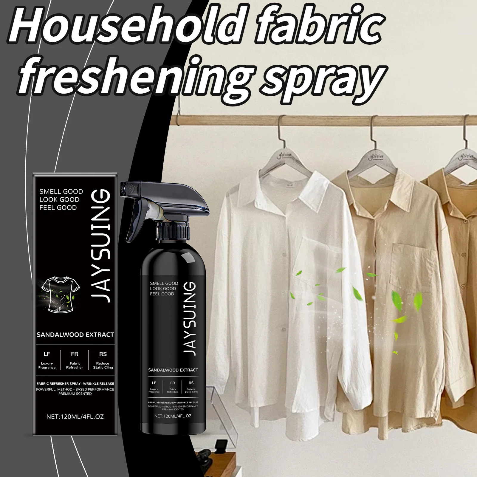 

Clothing freshening spray with luxurious long-lasting fragrance removes static electricity and is convenient for on-the-go use