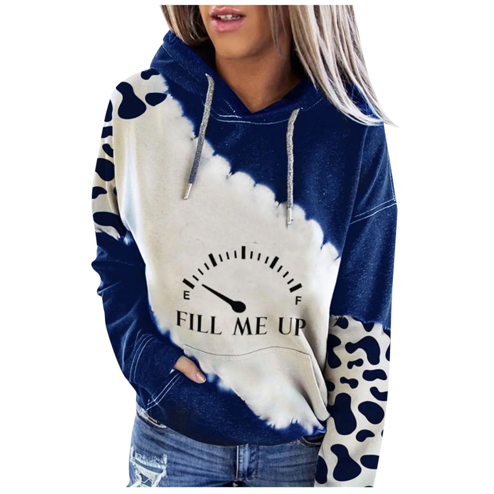 Women's New Cute Cow Print Sweatshirt Long Sleeve Round Neck Casual Tops Shirts Kpop Hooded Pullovers