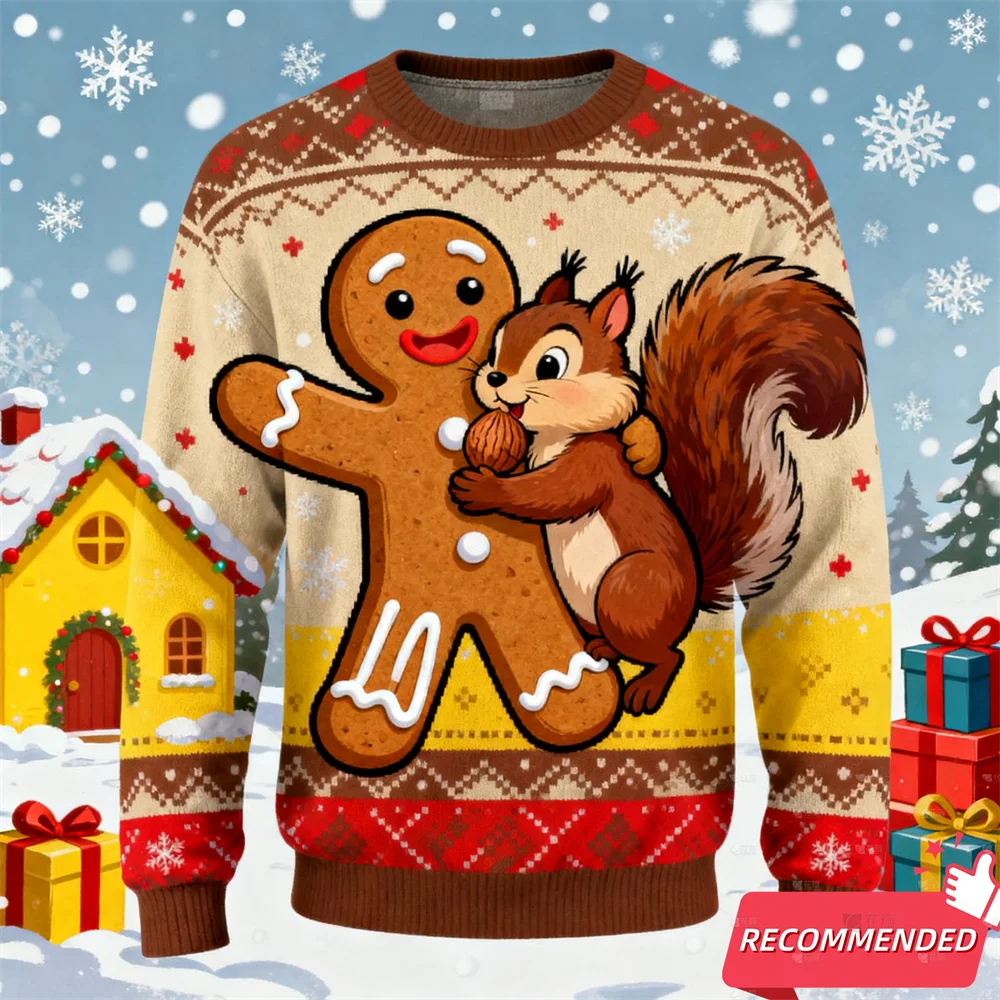 لطيف السنجاب القنفذ الجرافيك القبيح عيد الميلاد سترة للنساء الملابس سانتا الكرتون البلوفرات للجنسين البلوز البوليستر القمم #3