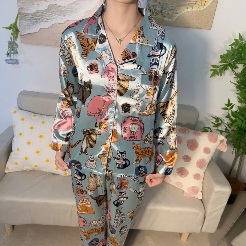 Korean version of kitten pajamas new long-sleeved two-piece loose casual loungewear sweet and cute loungewear kitten loungewear