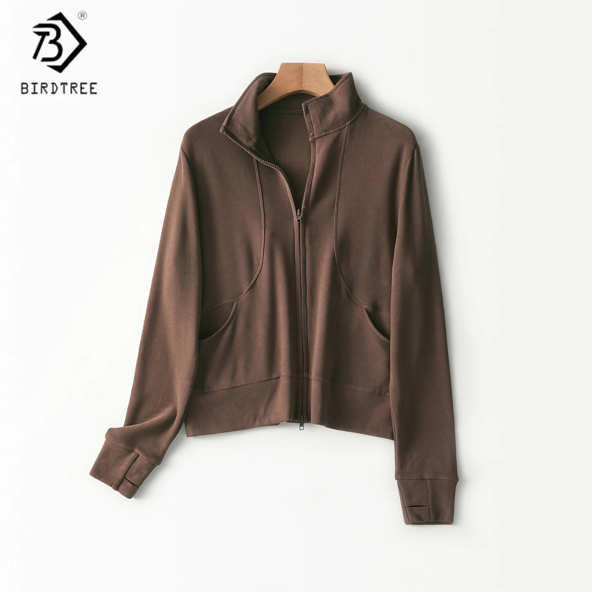 

Birdtree, кашемировый вязаный кардиган на молнии, женские мягкие однотонные топы с воротником-стойкой, осенне-зимнее теплое пальто 2025 T5O840JF