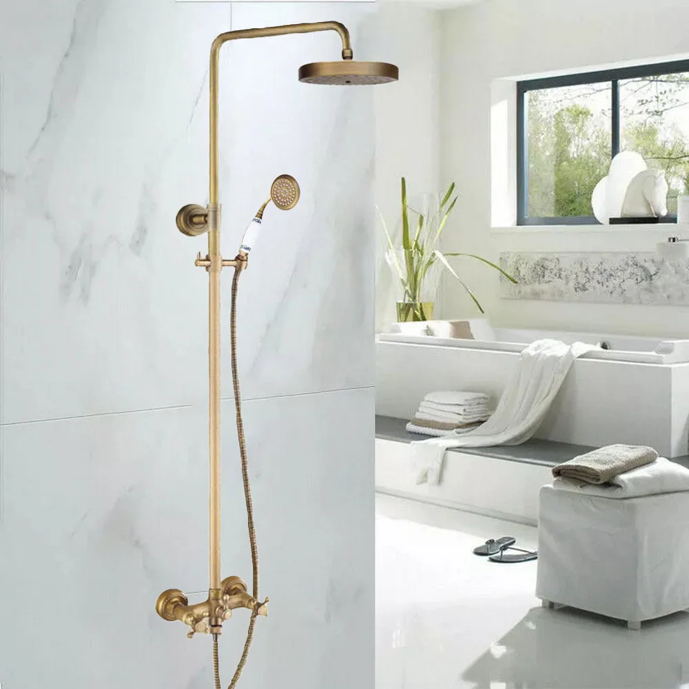 

Antique Brass Wall Mounted Bathroom Dual Handles 8" Inch Rain Shower Head Faucet Set Bath Mixer Tap ars822