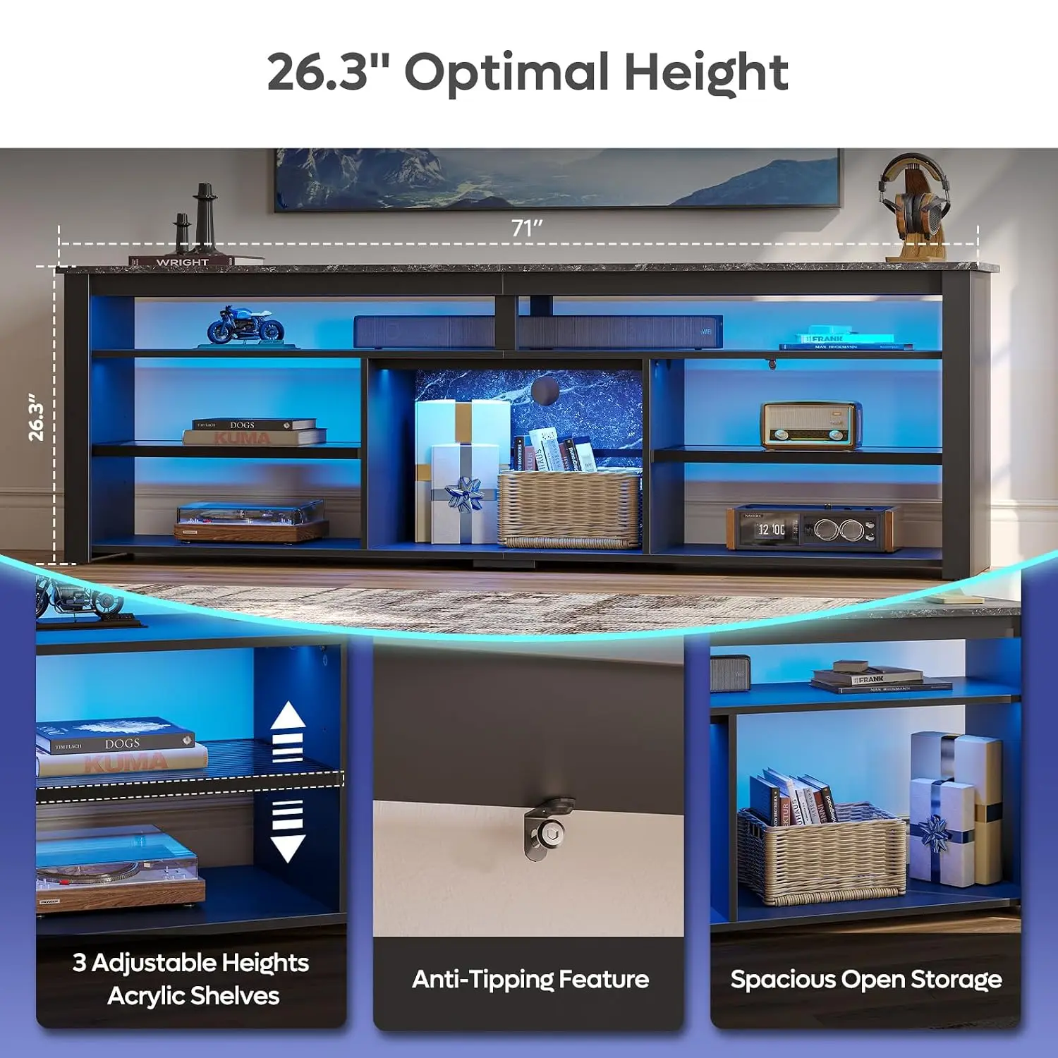 Tall TV Cabinet with LED & Storage, 80", Black Marble Gaming Stand