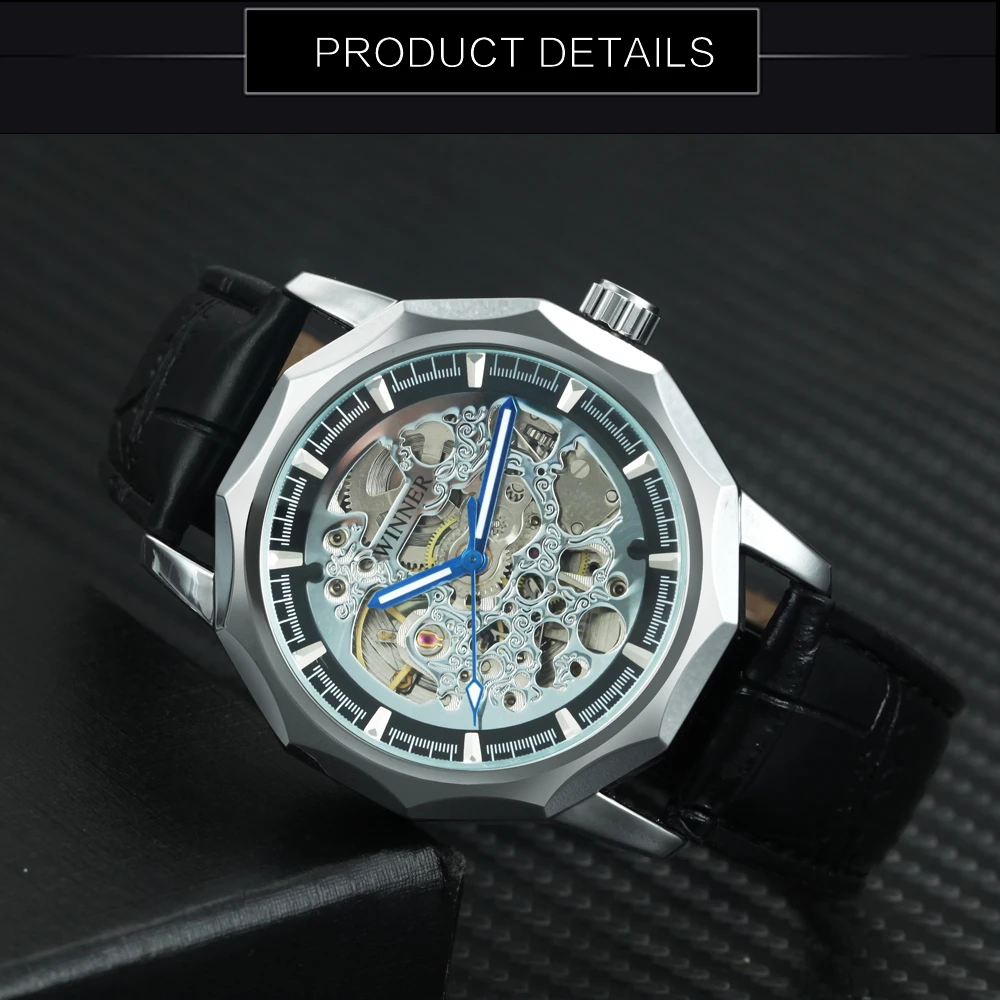 WINNER Classic Business Mens Watches Top Brand Luxury Skeleton Automatic Mechanical Watch Stainless Steel Leather Strap 2024