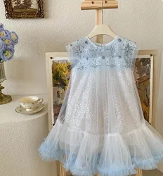 Retail New Baby Summer Girls Boutique Sequined Mesh TuTu  Dress, Princess Kids Sweet Fashion Dress  3-7T