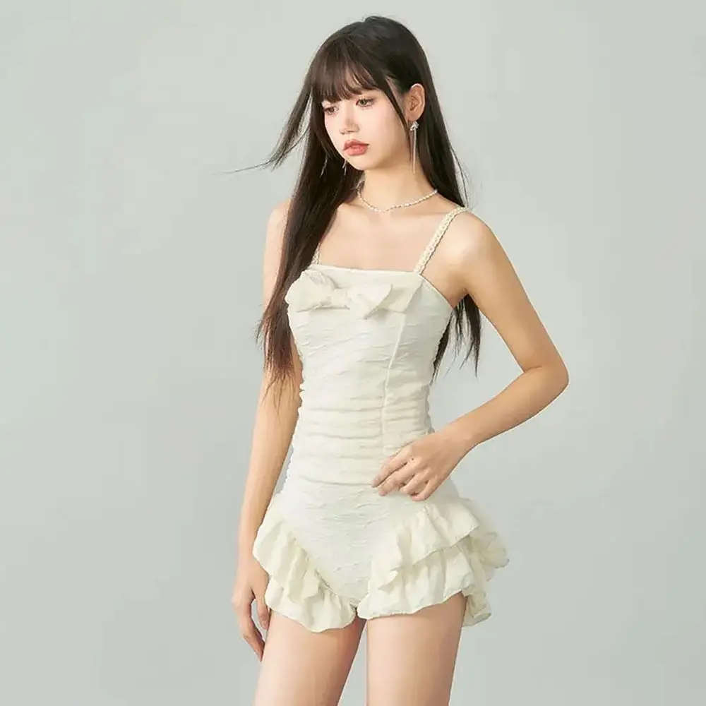 1 ชิ้น One Piece สามเหลี่ยม Ruffle ชุดว่ายน้ําเอวสูง Slim สีขาวฤดูร้อนชุดว่ายน้ําน่ารักชายหาด Push Up ชุดว่ายน้ํา