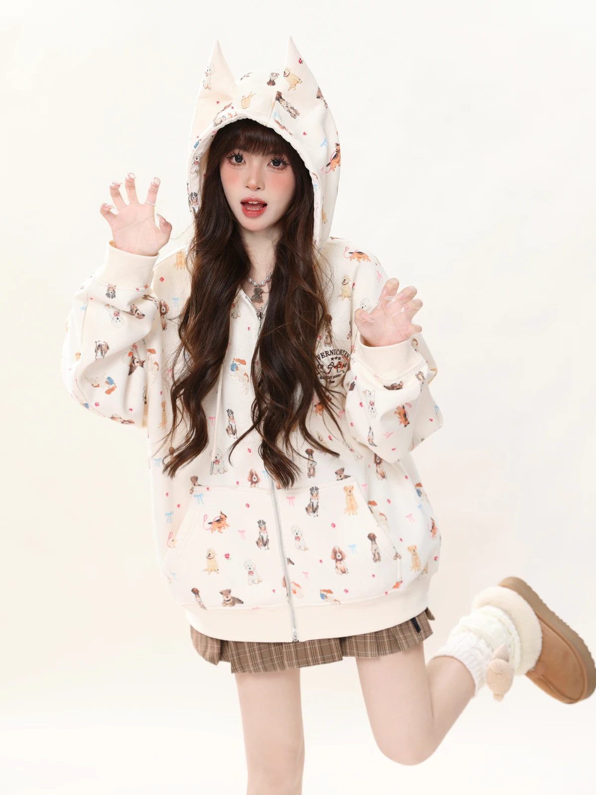 

Женская толстовка ENJOG с принтом собачьих ушек, осенне-зимняя, на флисовой подкладке, свободного кроя, в винтажном стиле, с длинными рукавами