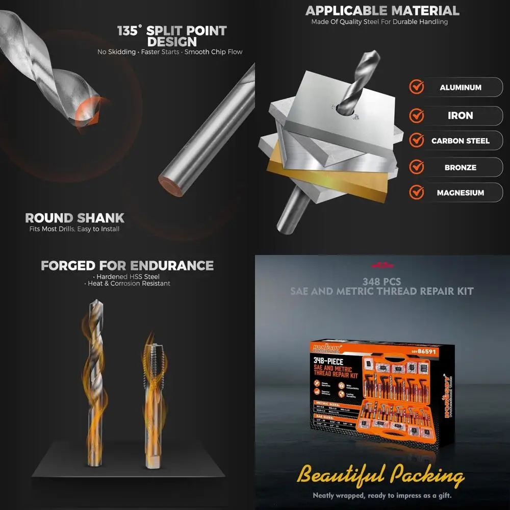 

HORUSDY 348-комплект для ремонта резьбы, метрический и набор вертолов SAE со сверлами из быстрорежущей стали, резьбовыми вставками, метчиками и инструментами для установки, f