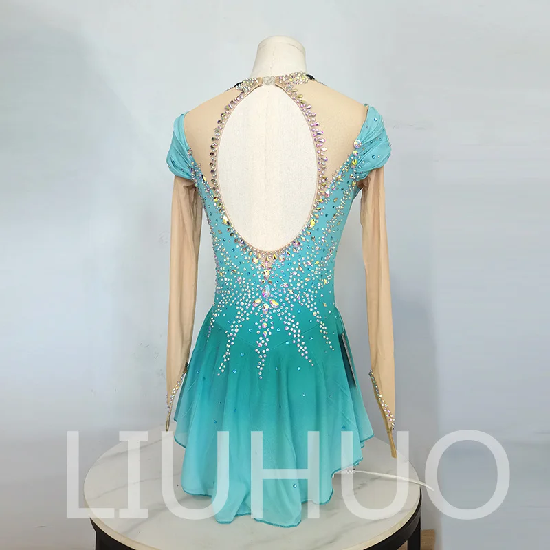 LIUHUO Ice Figure Skating Dress Girls Women Teens Stretchy Spandex Green Gradient Competition Wholesale