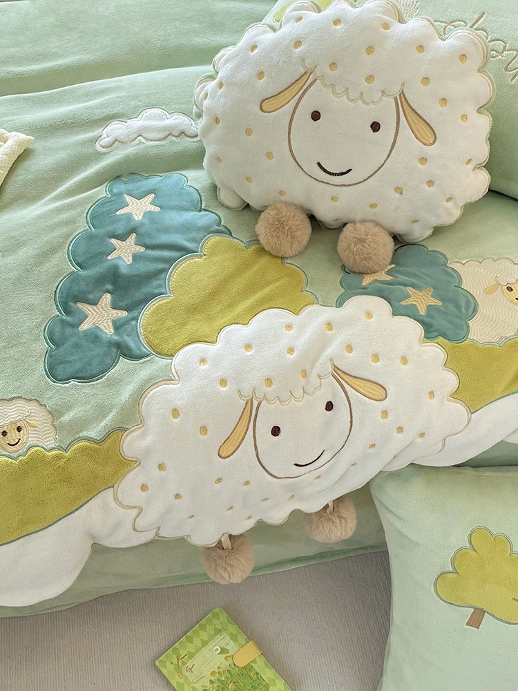 Thickened Winter Children's Bedding Set Cute Cartoon Princess Style Milk Velvet Four-Piece Suite Double-Sided Coral Fleece Qu...