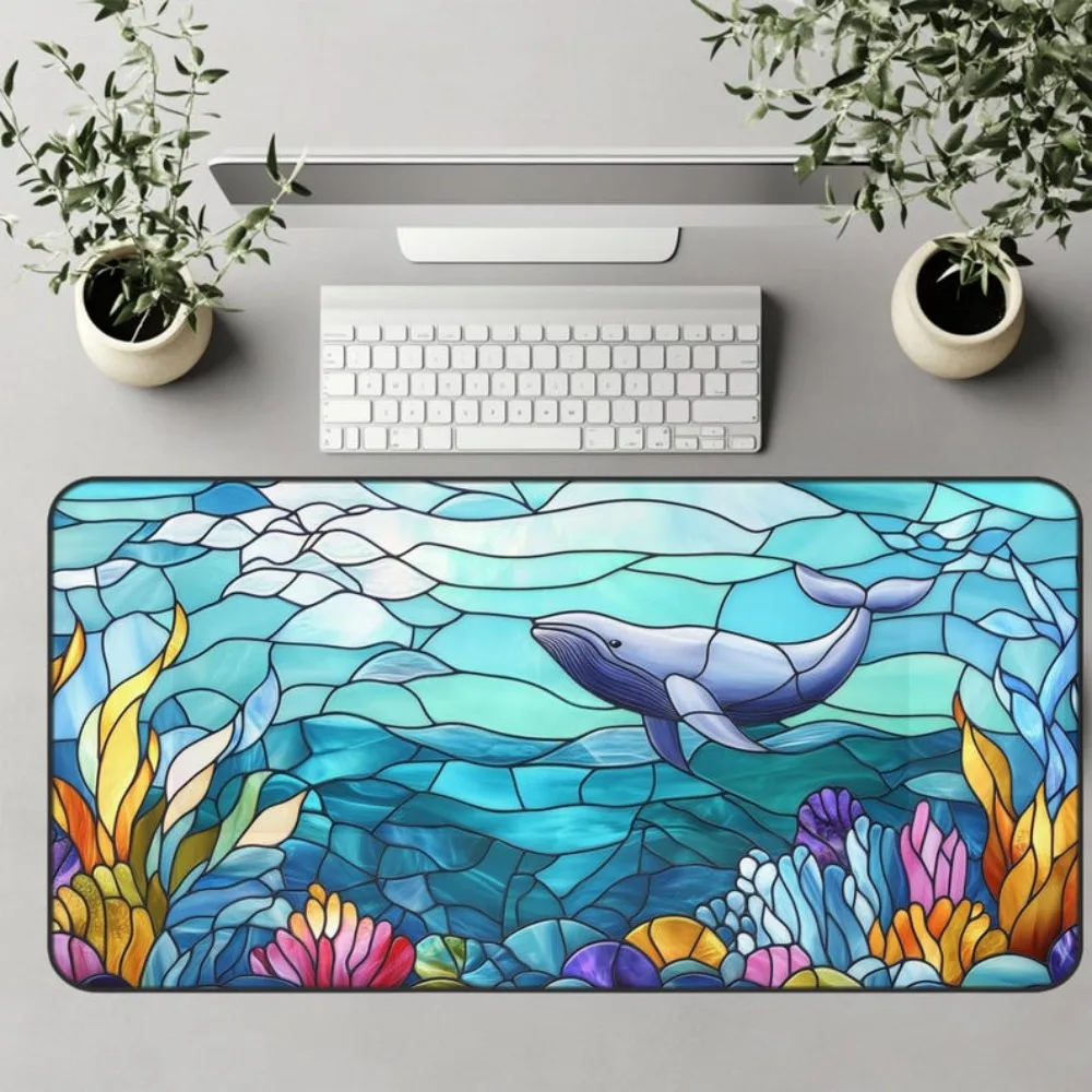 Colored glass ocean and whale mouse pad, office decoration, computer desktop accessory, high-quality rubber anti-slip, washable