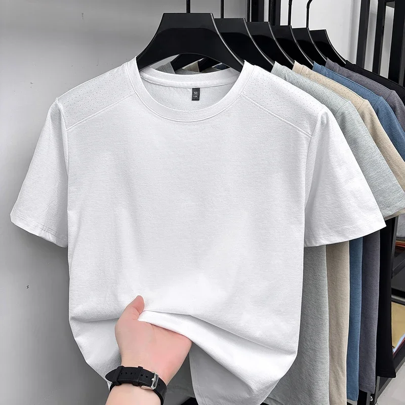 Mens Summer Micro Perforated Shoulder Vent Crew Neck T Shirts Short Sleeve Four Way Stretch Tops  Business Casual Sports Outfit