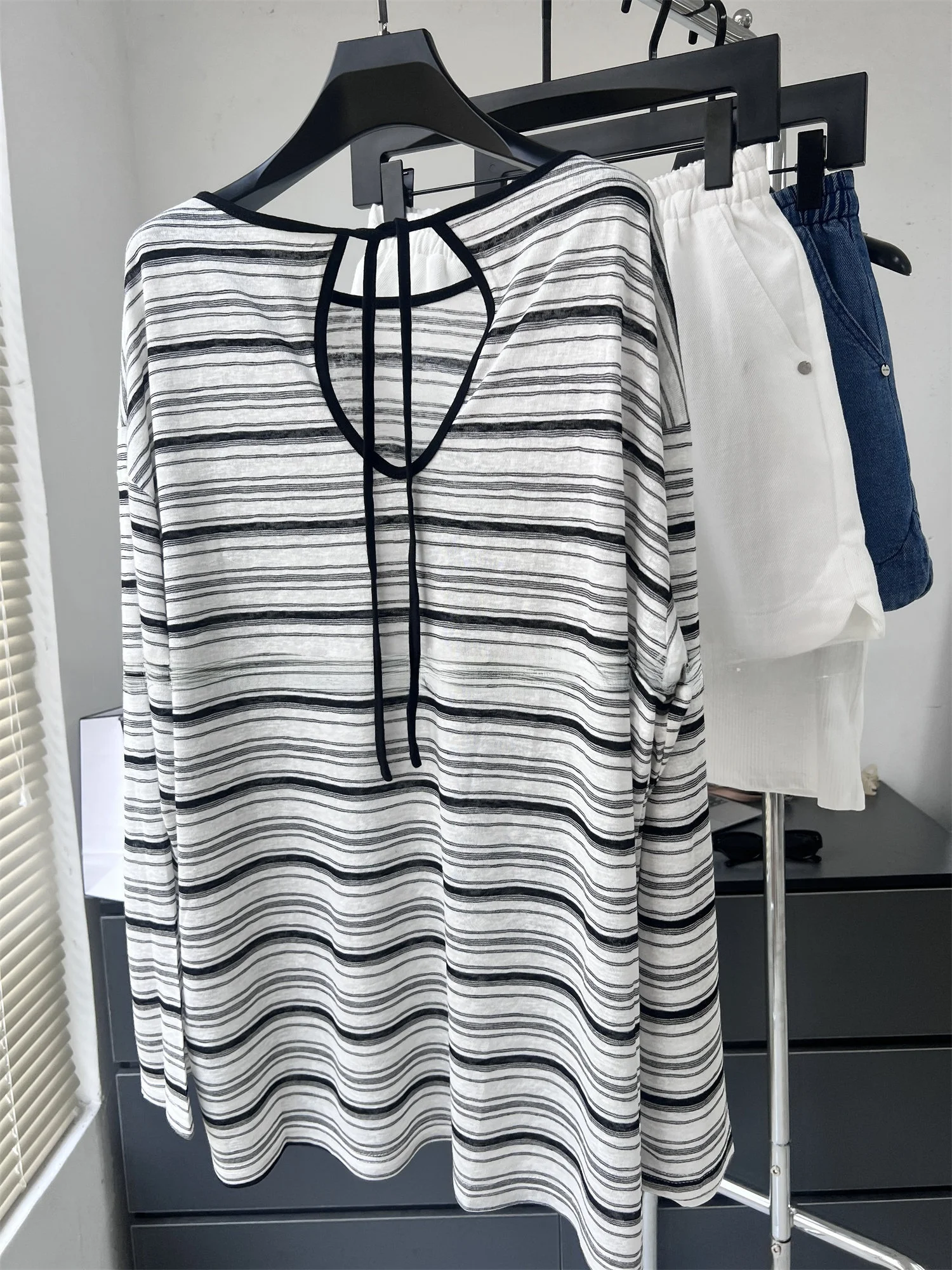

plus Size Women's Striped Long Sleeve T-Shirt Hollow out Belted Summer Fashion Outerwear Loose Fit Korean Style Top