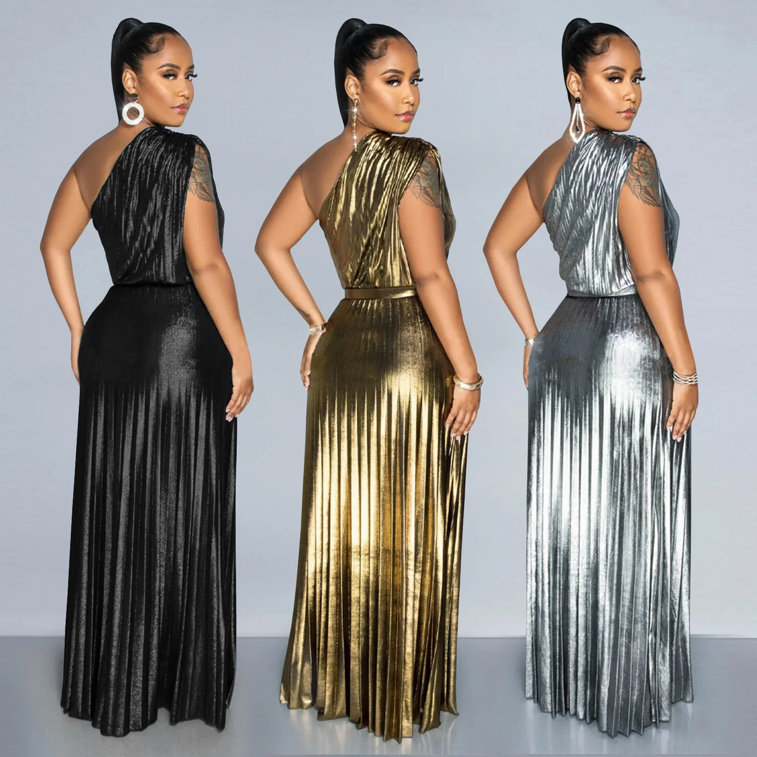 Vestido feminino elegante banhado a ouro ombro inclinado sem mangas vestido de cor sólida 2025 verão