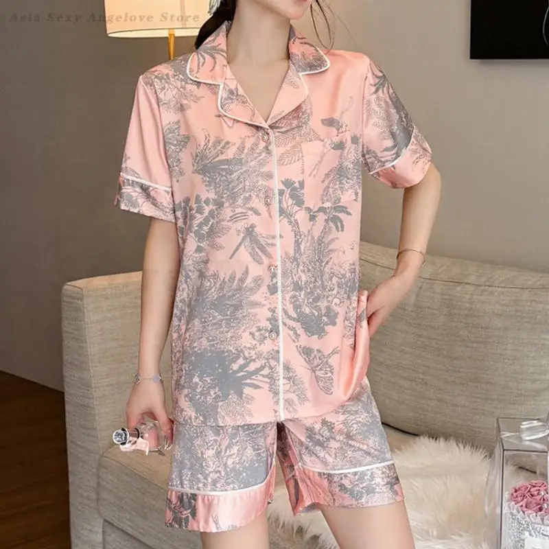 Summer Female Pajamas 2PCS Set Chinese Style Printed Sleepwear Home Clothes Short Sleeve Shorts Nightwear Loose Satin Loungewear