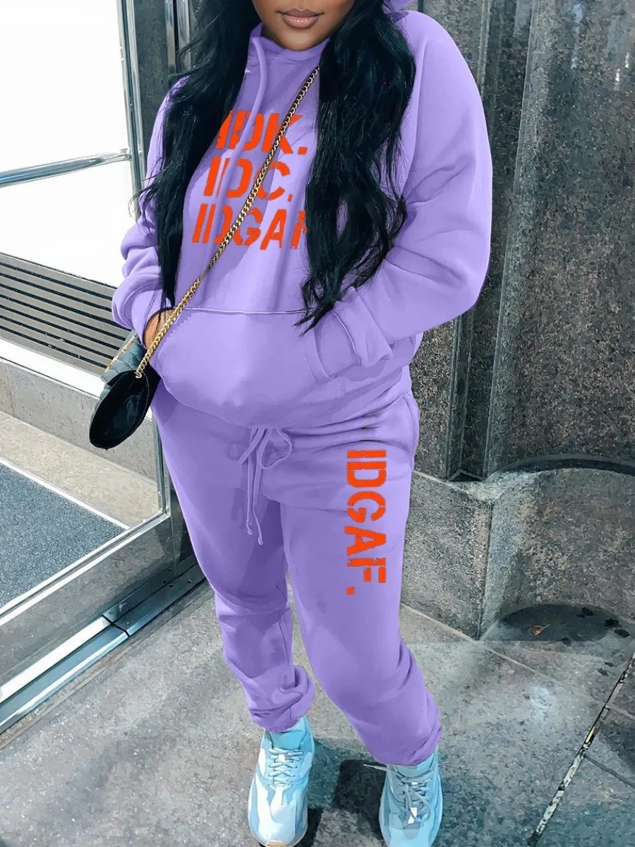 LW Plus Size Women Outfit Loose 2 Two Piece Set Fleece Letter Print Kangaroo Pocket Tracksuit Sweatshirt +Joggers Pants set