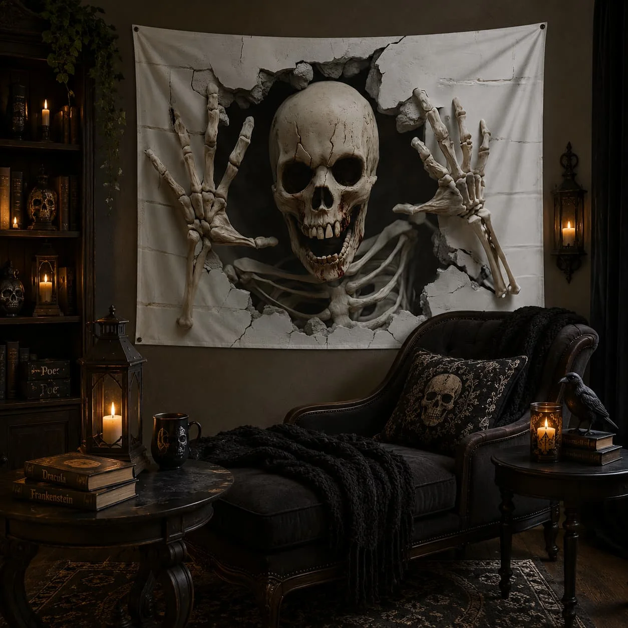 2D Flat, [ 2D Flat Printing] 1pc- Ultra Large Size- Halloween Skeleton Hole Wall - HD Digital Printing Huge Tapestry- Polyester- Home Decoration- with Free Hanging Clips, 2D Flat