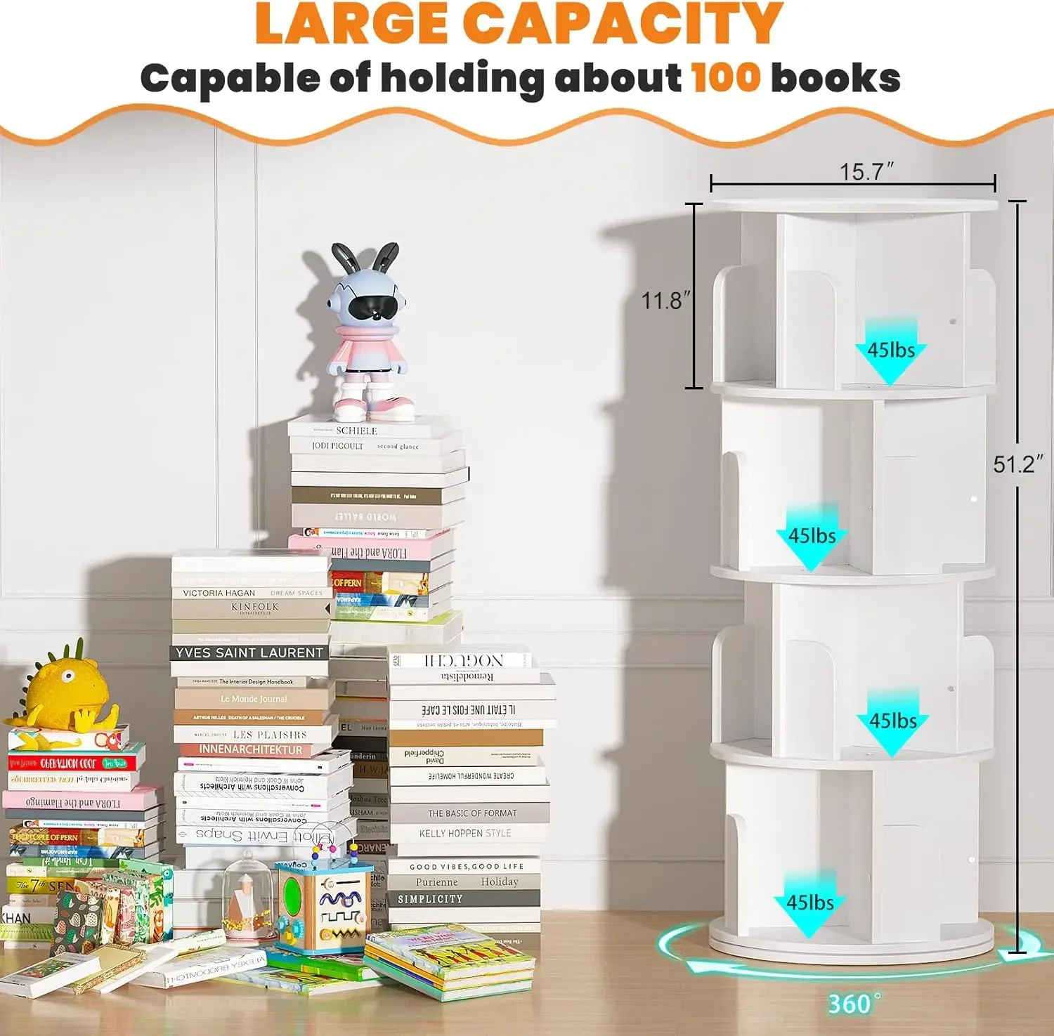 Rotating Bookshelf, Wood Corner Bookshelf, 360 Display Spinning Bookcase Storage Rack, 4 Tier Floor Standing Revolving Bookcase