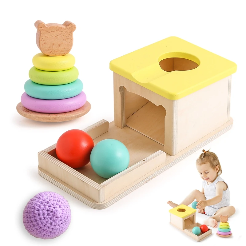 

Kid Educational Toy Macaron Wooden Toys Children Montessori Object Permanence Box Hammer Box Coin Ball Textile Drum Drawer Box