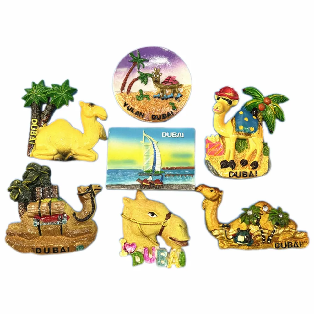 Dubai Desert & Landmark 3D Fridge Magnet Bundle, Camel & Burj Al Arab Souvenir, Resin Collectible Gift Set