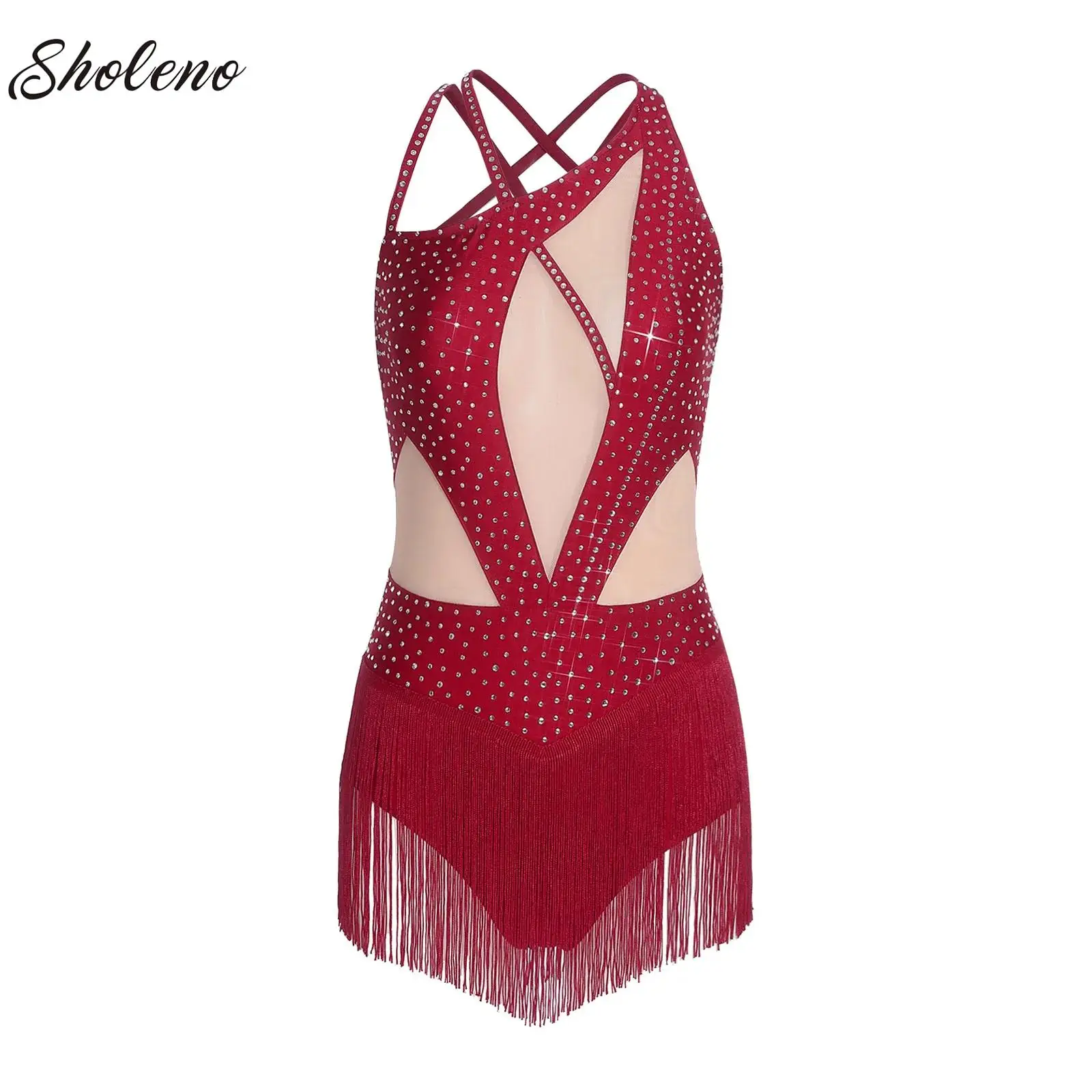 

Боди для танцев с бахромой для женщин, блестящие стразы, без рукавов, с пуговицами на крите, для фигурного катания, танго, самбы, латины