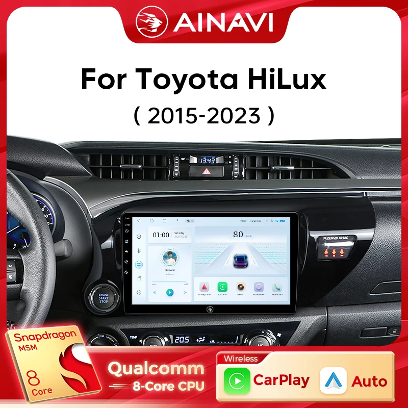 Ainavi Car Radio For Toyota Hilux LHD 2015 2016 2017 2018 2020 2021 2023 Wireless Carplay Android Auto Multimedia Player Stereo