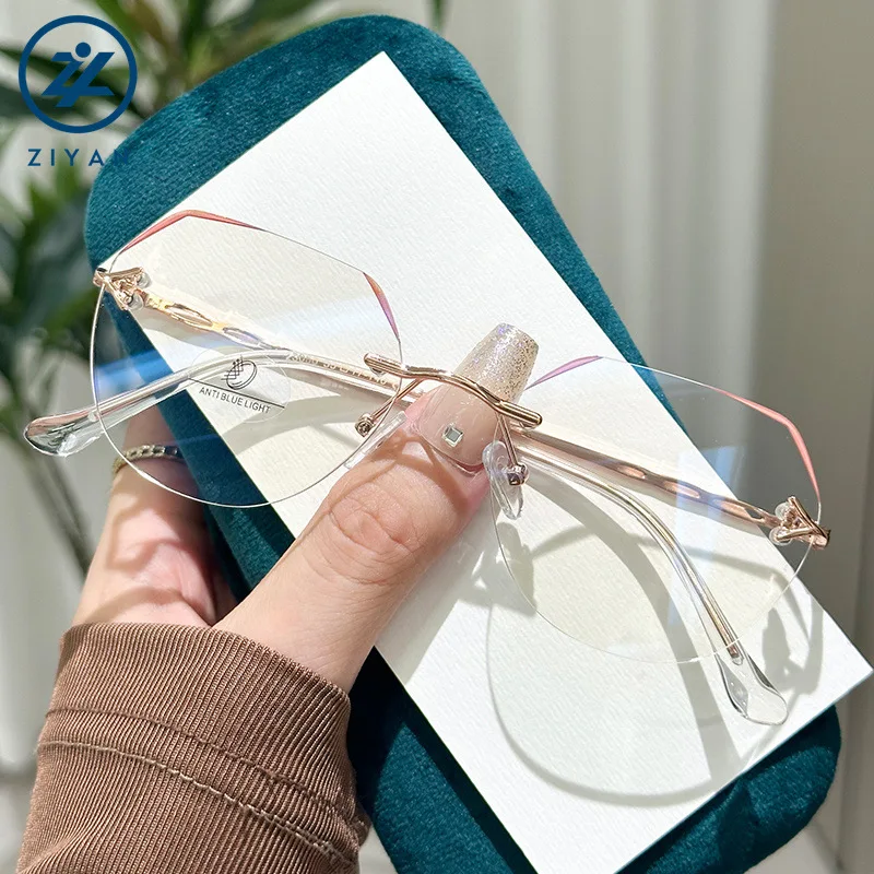 Umanco Irregular Polygon Rimless Anti Blue Light Glasses for Women Trendy TR Metal Frame Optical Spectacle Eyewear 0 Diopter