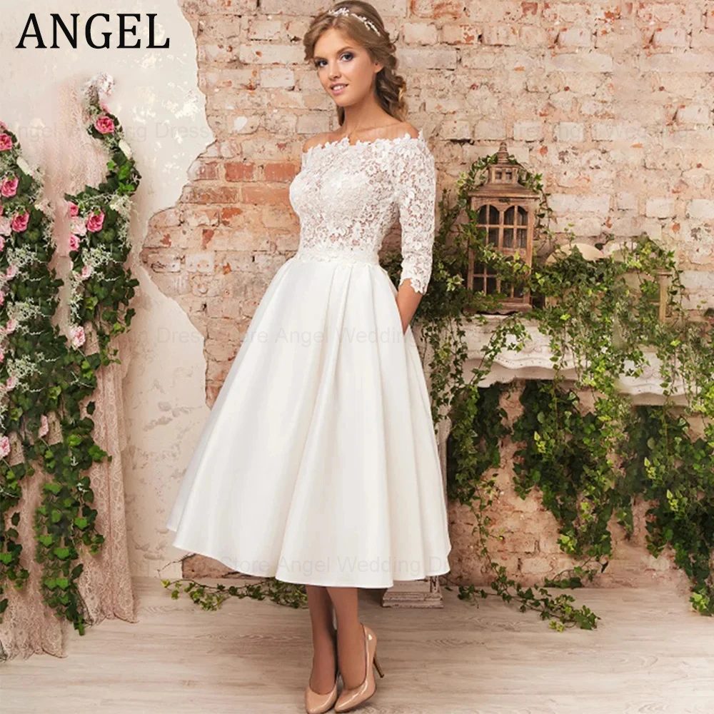 

ANGEL Vintage Bride Gowns Lace Satin A-Line Wedding Dresses 2024 For Women Long Sleeve Scoop Collar Tea Length Bridal Skirt