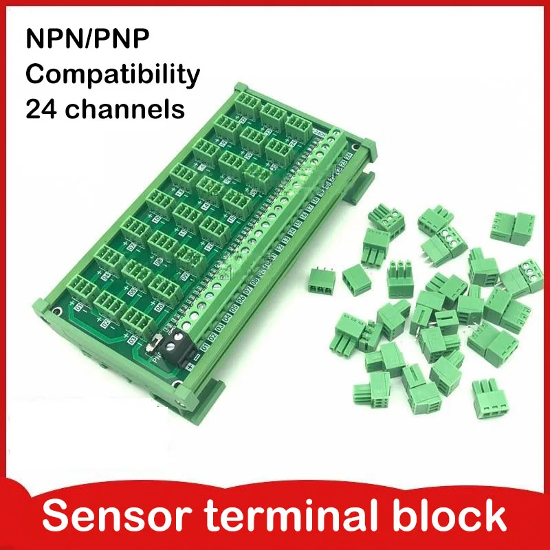 Multi-channel three-wire sensor hub adapter with plug-in terminals and NPNP compatibility featuring indicator lights