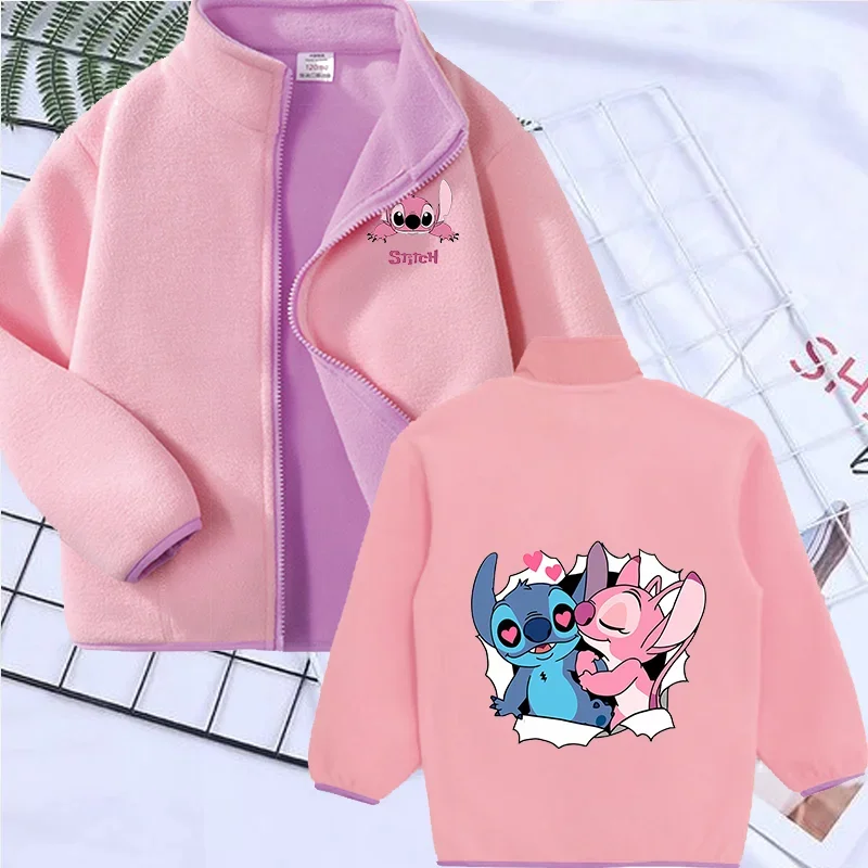 Disney Stitch Thick Zipper Polar Fleece Jacket Spring Autumn Winter Warm Fleece Outerwear Solid Soft Polar Fleece Coats Kid Gift