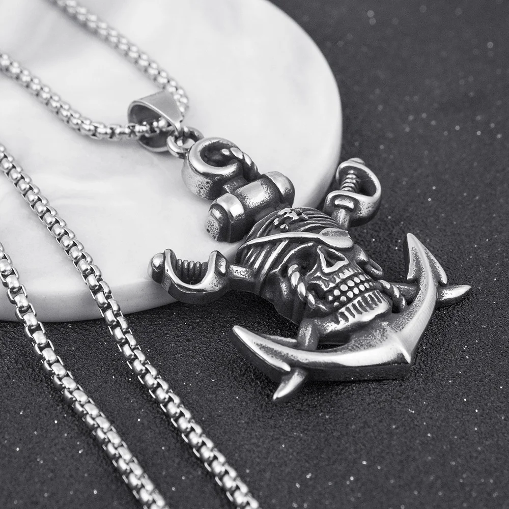 Wu\'s 2022 Double Sword Pirate Titanium Steel Necklace Retro Halloween Skull Ghost Head Anchor Necklace Imitation Turquoise Ancho