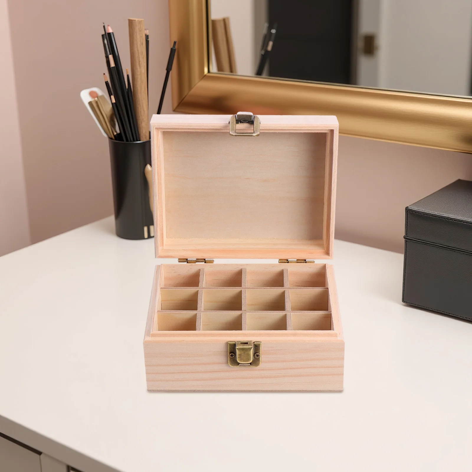 12 Pocket Wood Essential Oil Organizer Box for Bottle Storage Aromatherapy Display and Transport Essential Oil Box