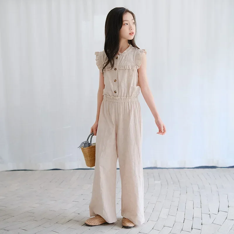 Jumpsuits for Girls Summer New Teenager Wide Leg Sleeveless Loose Overalls Cotton Kids Clothes Apricot Children's Bodysuits 14 Y