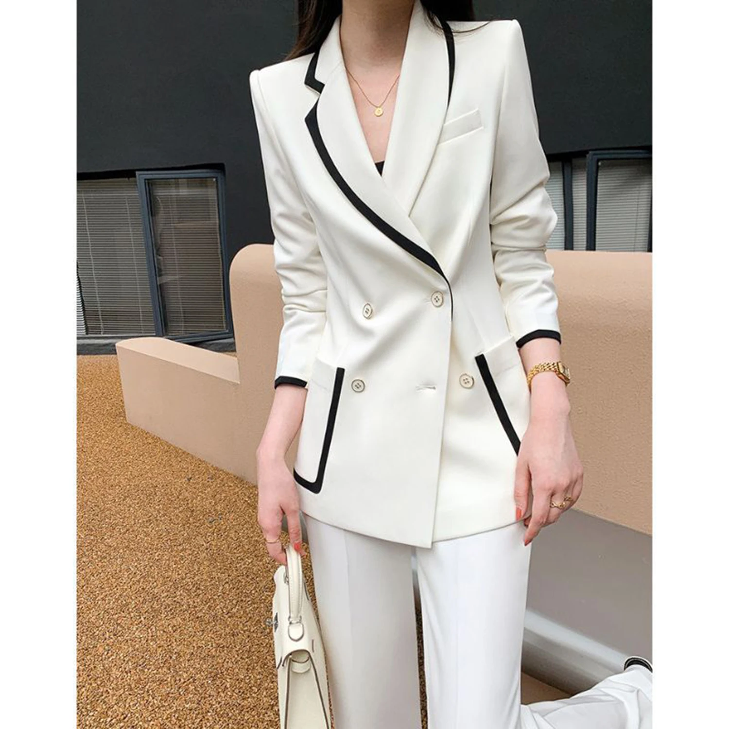 

White Women's 2 Piece Set Suit Fashion Double-Breasted Blazer Business Casual Daily Outfits Elegant Pantsuit Set Customize