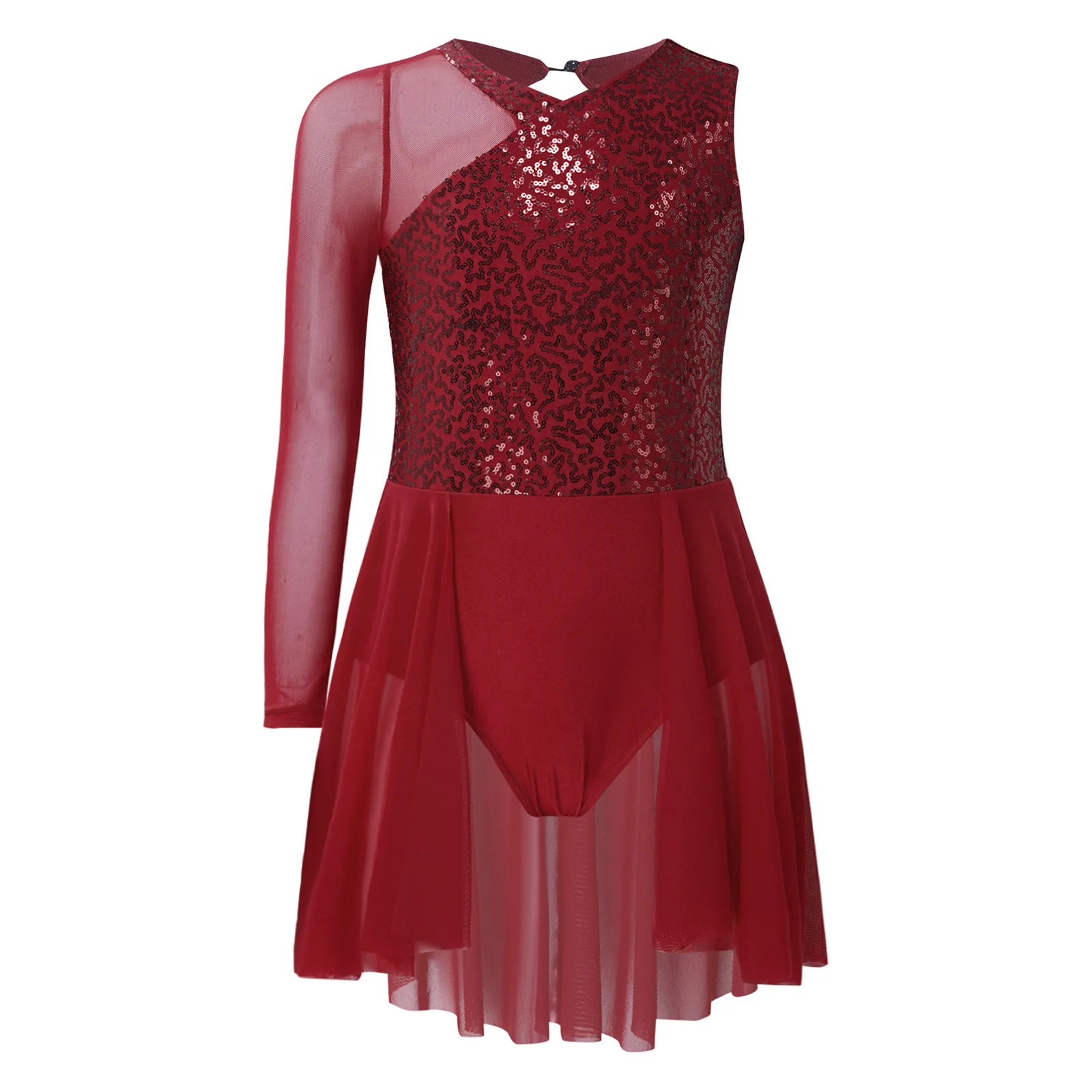 Kids Girls Gymnastics Leotard Figure Skating Lyrical Dance Costume Sequins One Shoulder Long Sleeve Ballet Jersey Dance Dress