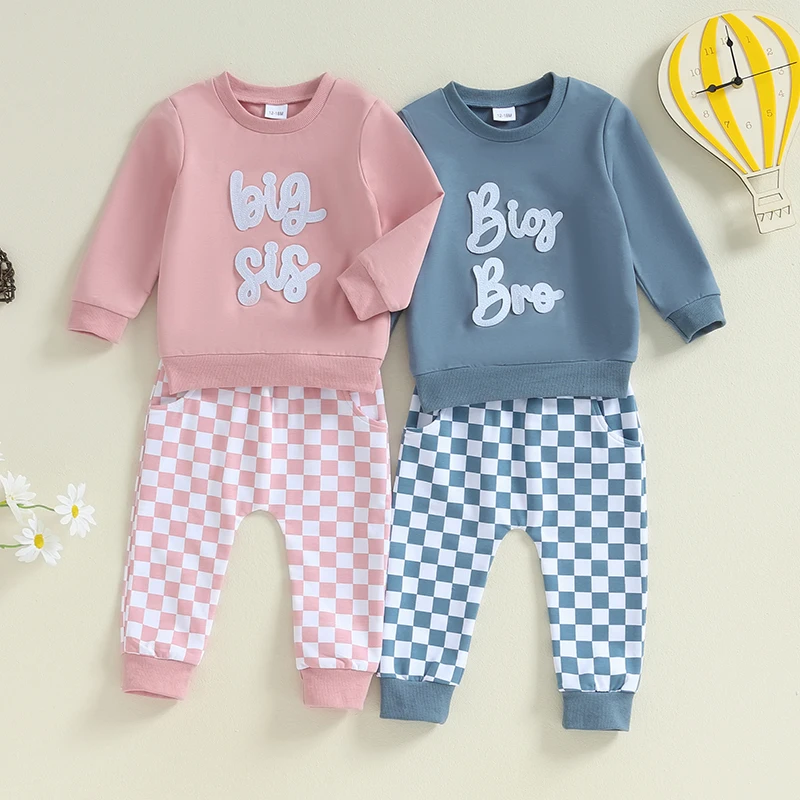 2024-05-31 Lioraitiin Baby 2Pcs Fall Outfits Long Sleeve Letter Embroidery Pullover + Checkerboard Pants Set Toddler Clothes