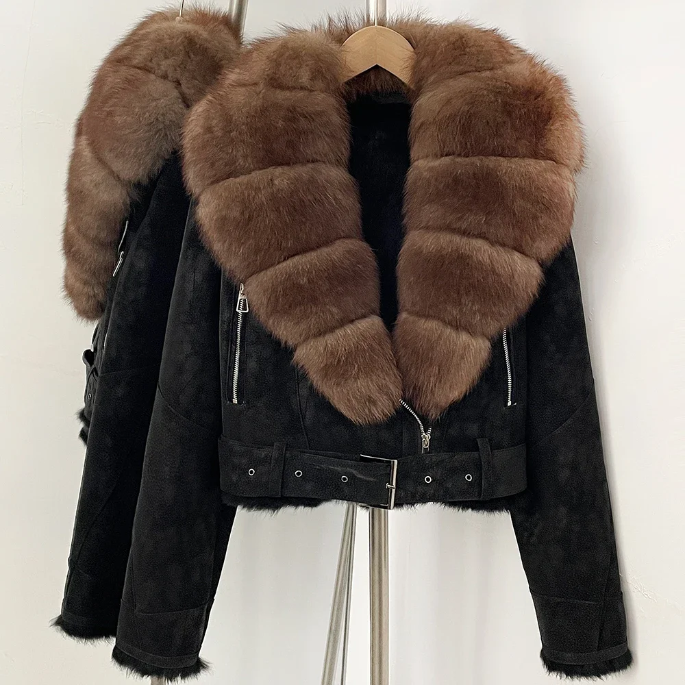 OFTBUY Luxus-Gürtel Natürlicher Kaninchenfellmantel Damen Kurze Wildlederjacke mit Echtfuchs-Fellkragen Neue Herbst-Warmbekleidung für Frauen – Detail 15