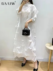 GVUW Pleated Loose Dress Women Stand Collar Niche Design Medium Long New Irregular 2024 Summer Casual Clothing Female 17G6247