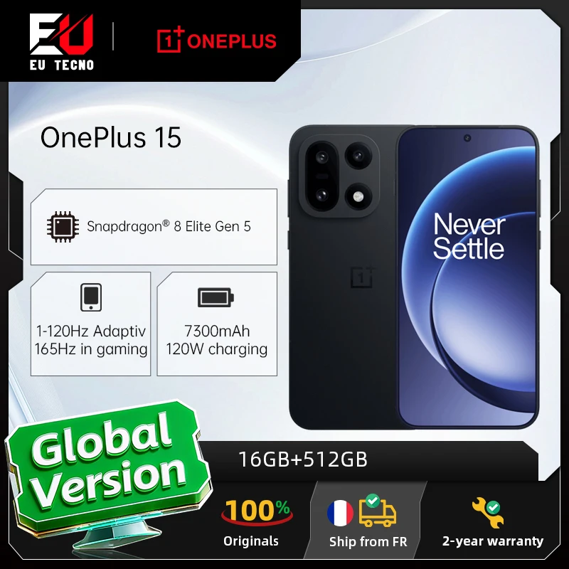 Smartphone OnePlus 15 5G (version internationale) : processeur Snapdragon 8 Elite Gen 5, écran 165 Hz, batterie 7 300 mAh, charge 120 W, NFC, noir téléphones portables