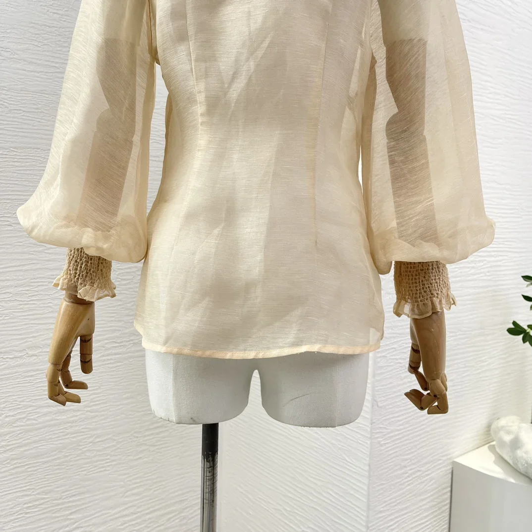 

2025 High Quality Beige Long Sleeve Flowers Appliqued See Through Blouse Tops