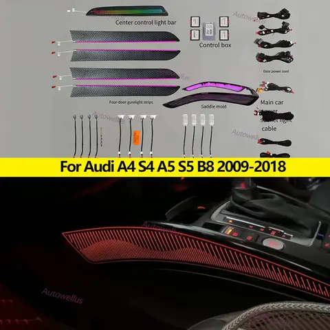 중앙 콘솔 대시보드 주변 조명 트림 분위기 램프, LED 장식 문짝, 아우디 A4 S4 A5 S5 B8 2009-2018 용 탄소 패널