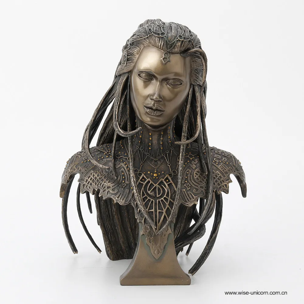 Fantasy Tribal Female Warrior Bust Statue Antique Bronze Finish Gothic Woman Head Bust Resin Sculpture Desktop Art Decoration