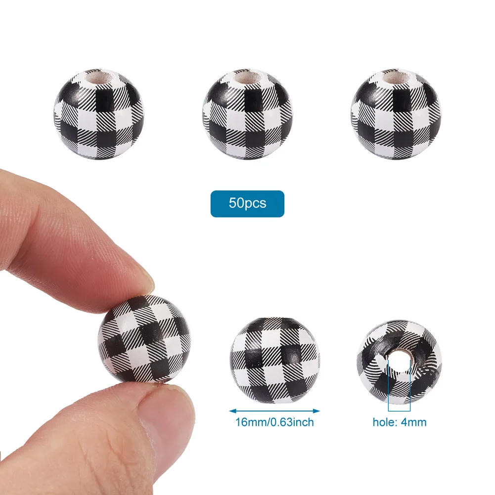 50pcs 16mm Checkered Pattern Natural Wooden Beads Plaid Beads Tartan Pattern for Christmas Jewelry Making Decoration DIY Crafts