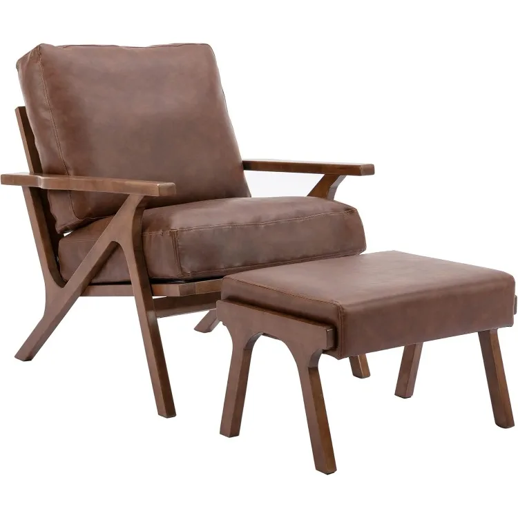 Mid-Century Modern Accent Chair with Ottoman, Faux Leather Armchair with Wood Legs Comfy Upholstered Single Sofa Chair