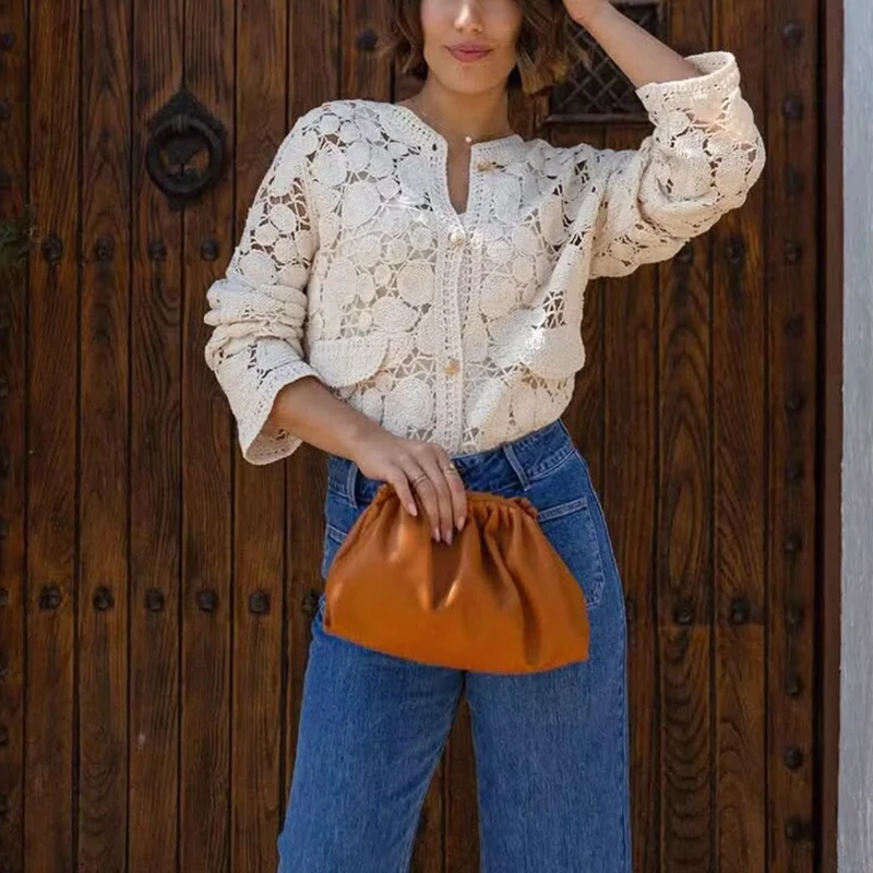 

Зимний элегантный ажурный кардиган, рубашка, повседневная однобортная блузка с круглым вырезом и длинными рукавами, осенние женские модные однотонные вязаные топы
