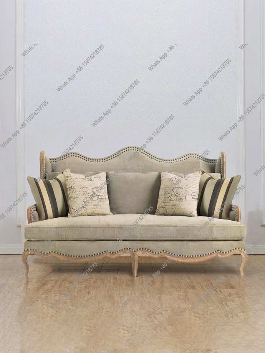 

N49 J American Vintage Solid Wood Fabric Sofa Three-seater Small Apartment Living Room French Simple Log Oak High Backrest