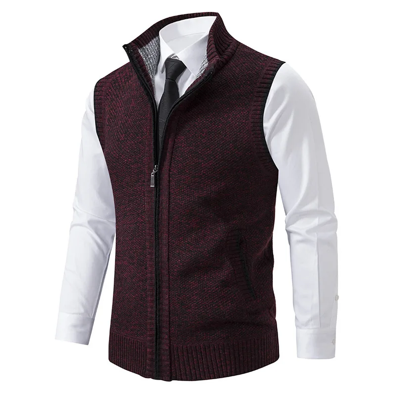 Foreign Trade Casual Men's Vest Jacket Stand Collar Sleeveless Knitted Casual Thickened Autumn and Winter