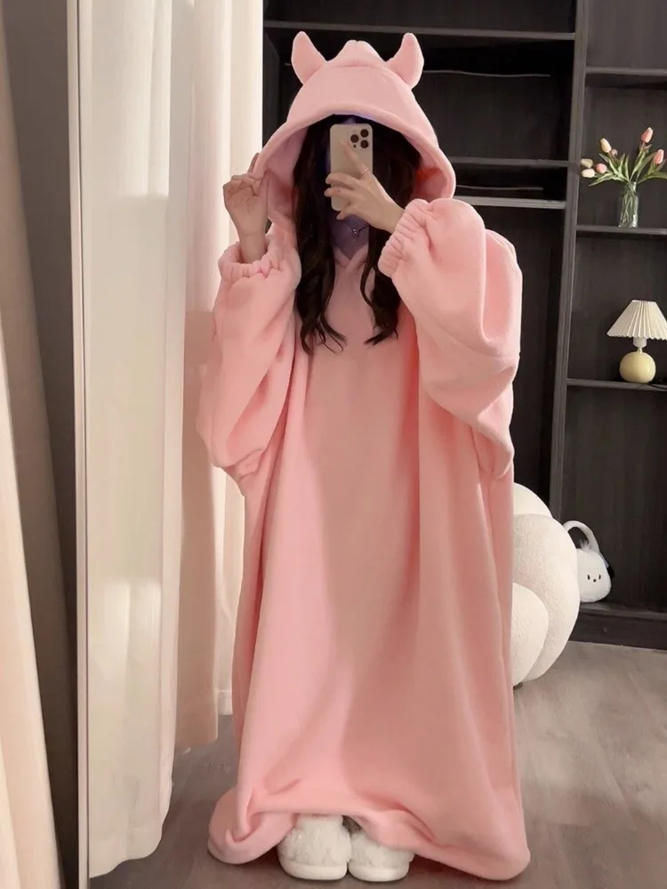 Kawaii Robes Women Winter Coral Velvet Pure Loose Hooded Design Chic Thicken Comfortable Students Ins Stylish New Sweet Popular