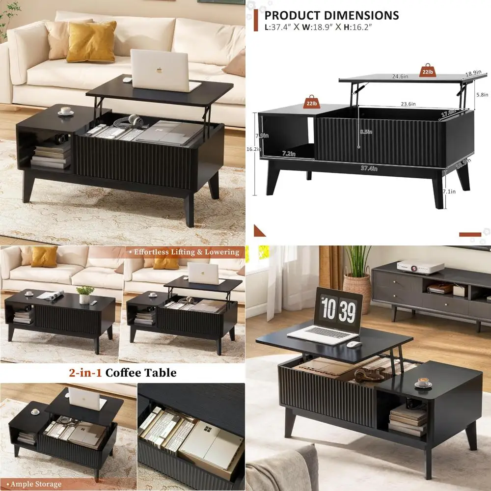 

Modern Fluted Wood Coffee Table with Secret Storage, Lift Top Design for Contemporary Living Rooms
