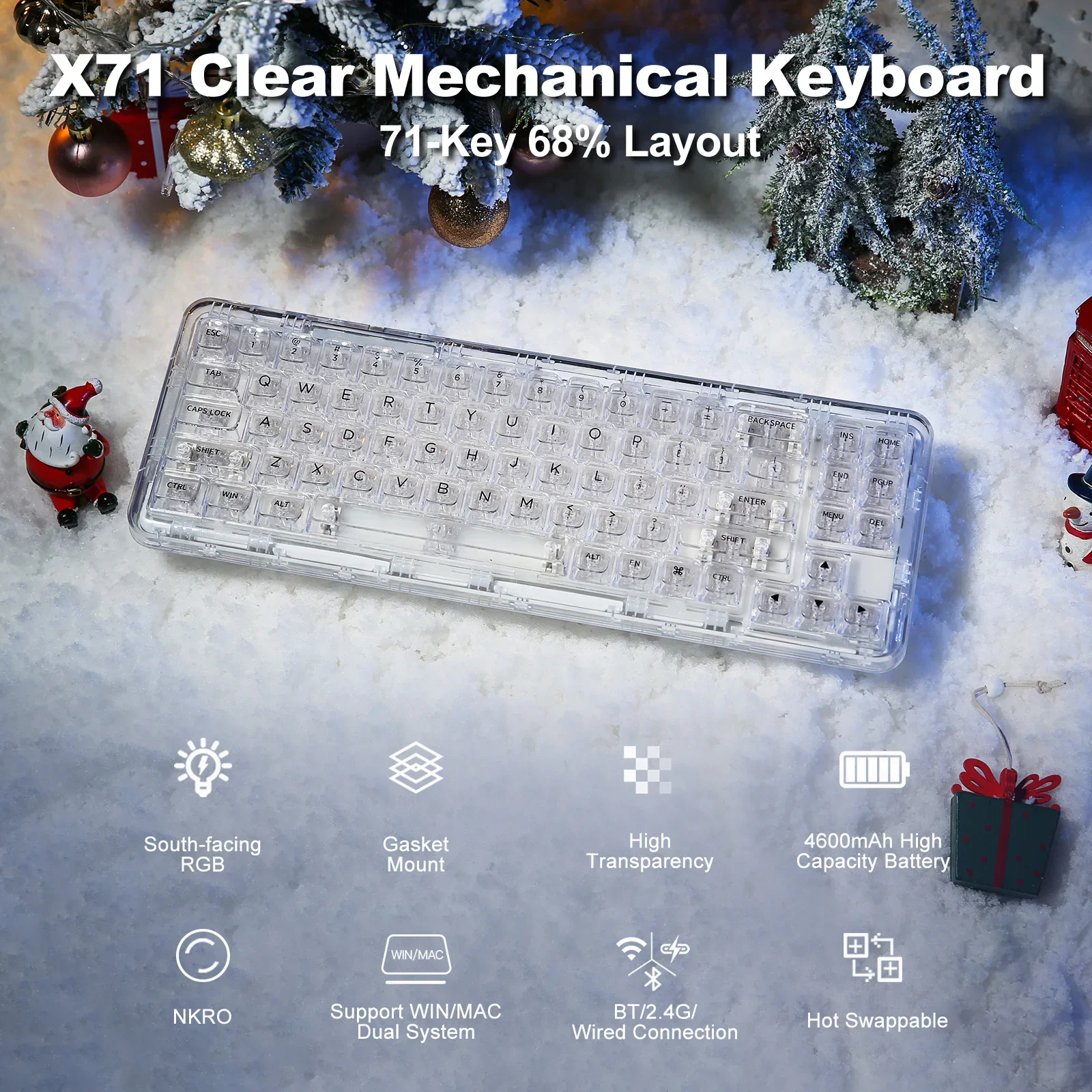 X71 Keyboard 68% Layout Wireless BT/2.4G/USB-C Gasket Hot-Swap Transparent RGB Mechanical Gaming Keyboard with Clear Keycaps